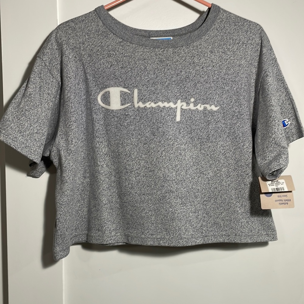 Champion Thick Knit Crew Neck Graphic Crop Tee in Grey/Medium